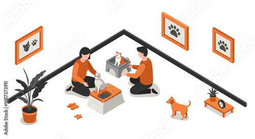 Isometric pet care scene with people and animals in a modern interior setting