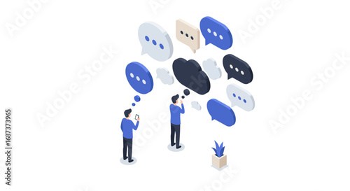 Isometric team communication and brainstorming with speech bubbles