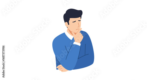Thoughtful man in blue sweater with hand on chin in minimalist flat design