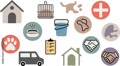 Illustrated Pet Care Icons Dog House, Bird Cage, Paw Print, Handshake and More