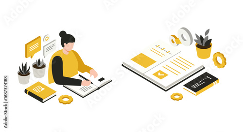 Isometric workspace concept with person writing and open book in yellow and white