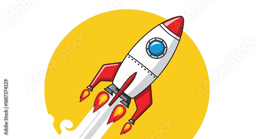 Vector illustration of cartoon rocket ship launching into space with a bright yellow sun in the background