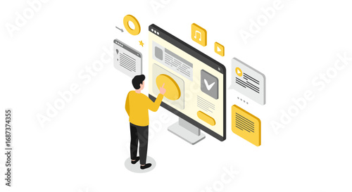 Interactive interface design with isometric 3d graphics showcasing user engagement