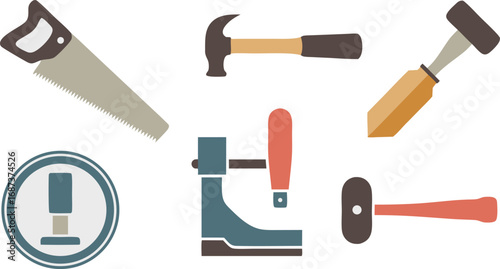 Illustrated Woodworking Tools Hand Saw, Claw Hammer, Chisel, Clamp, Mallet, and Safety Sign