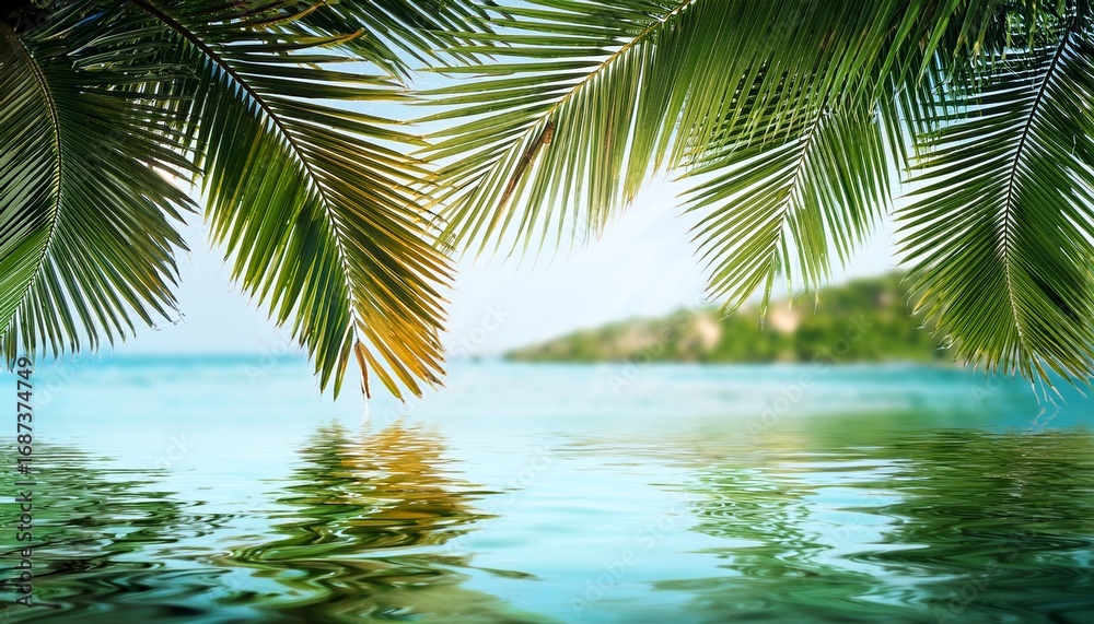 Fototapeta premium palm leaves and water surface background palm tree branches