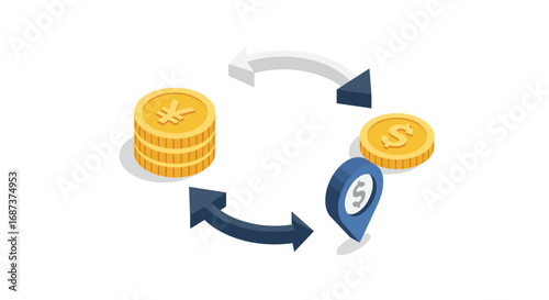 Currency exchange cycle with yen and dollar coins in isometric style