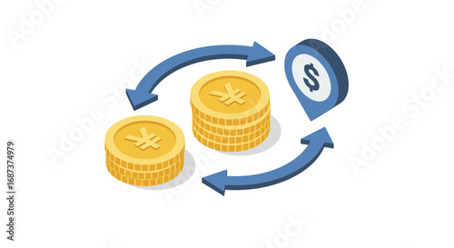 Currency exchange concept with coins and arrows in isometric style