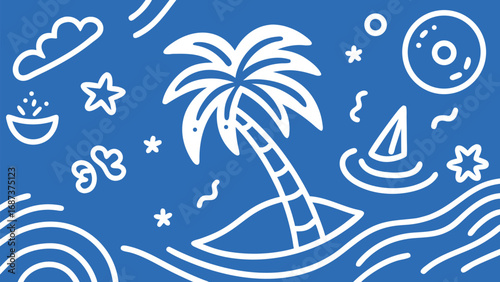 Colorful surfboard stencils alongside palm trees and other symbols, illustrating a dynamic beach and surf culture aesthetic..eps