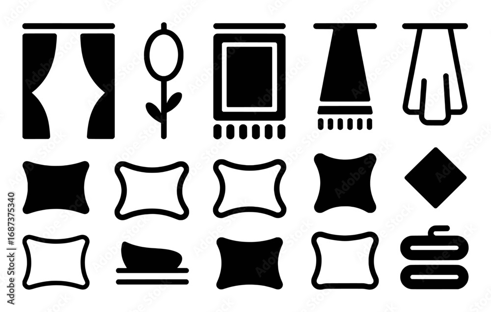 Fototapeta premium Collection of Icons: Curtains, Pillows, Rug, Towels, and Decorative Elements