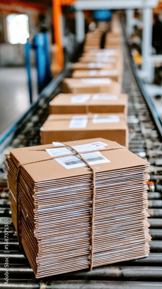 Obraz premium Packages wait in line on a conveyor belt in a busy warehouse during the day as workers prepare for shipping logistics operations