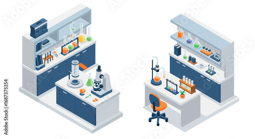 Modern isometric laboratory design with scientific equipment and furniture