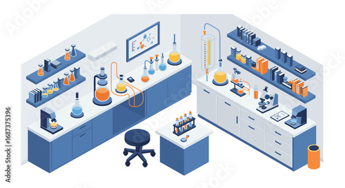 Modern scientific laboratory with equipment in 3d isometric design