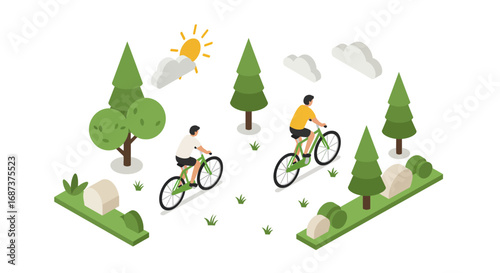 Isometric bicycling in nature with trees and sun in minimalist style