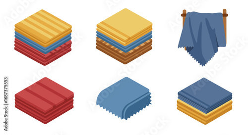 Colorful stack of folded fabrics and hanging cloth set in isometric design
