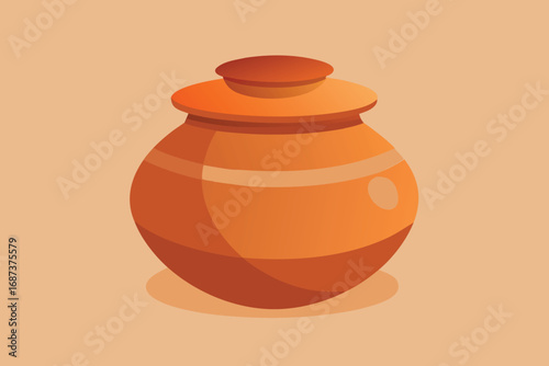 Illustration of a rustic ceramic pot with a lid, showcasing traditional earthenware design and warm orange tones