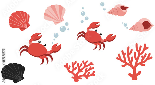 Playful crabs and seashells in colorful underwater scene
