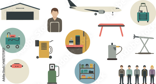 Illustration of Airplane, Hangar, and Various Indoor Objects with Five Stylized People