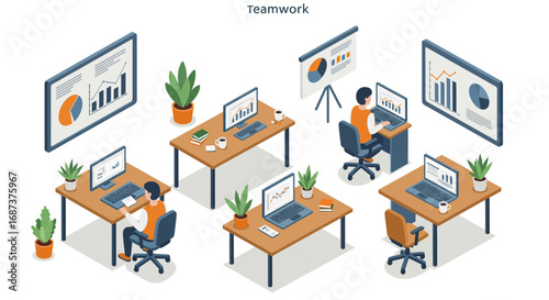 Isometric office teamwork concept with people, computer desks, and graphs