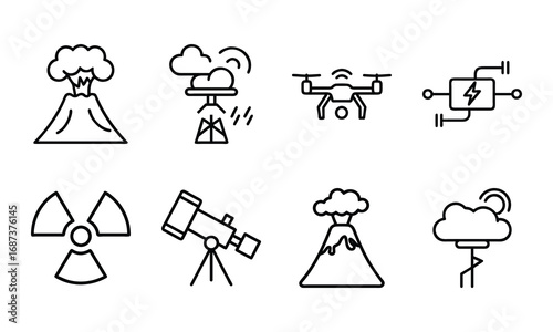Collection of Science and Technology Icons – Drone, Circuit Board, Radiation Hazard Symbol, Telescope, Satellite Dish, Volcano Eruption, and Weather Station Outline Illustrations on White Background