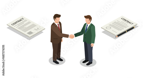Businessmen shaking hands with contracts on desk in isometric style