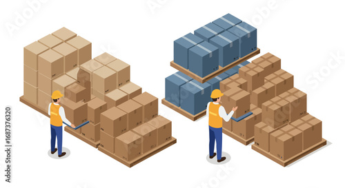 Efficient warehouse inventory management with workers and pallets in isometric view