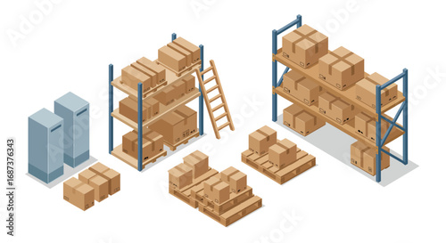 Warehouse storage solutions with boxes and racks in isometric style