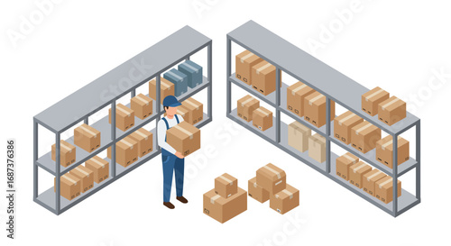 Warehouse worker organizing boxes on shelves in isometric style