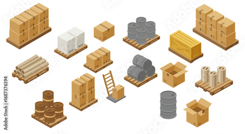 Isometric warehouse supplies: pallets, boxes, and drums