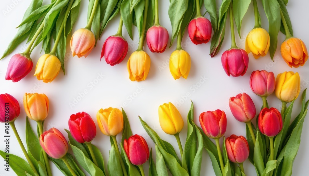 Obraz premium subject: a collection of fresh natural pink, yellow, and red tulip flowers bouquet set, instructions: 1