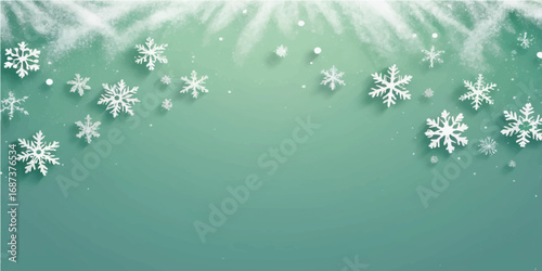 Falling snow flakes banner. White and Light Green snowflakes flying in the air. Snow flakes, snow background. Winter snowfall illustration (3)