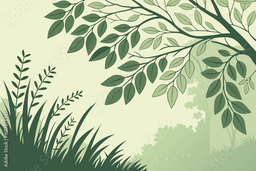 Vector art of lush green forest scene with trees, leaves, and grass, creating a serene and natural landscape, showcasing the beauty of nature in a tranquil setting
