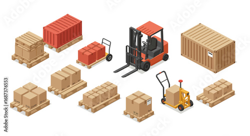 Isometric warehouse logistics and cargo elements for shipping and delivery