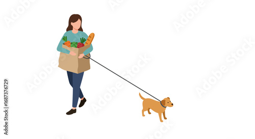 Woman walking dog while carrying groceries in minimalist flat design