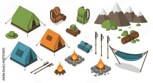 Isometric camping gear and nature elements set for outdoor adventure design