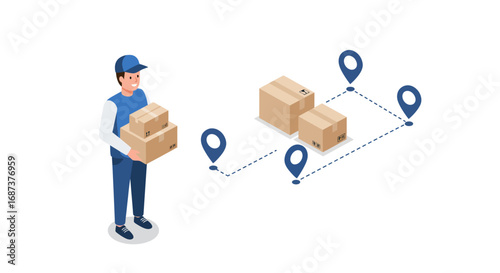 Delivery service concept with courier and package tracking in isometric style