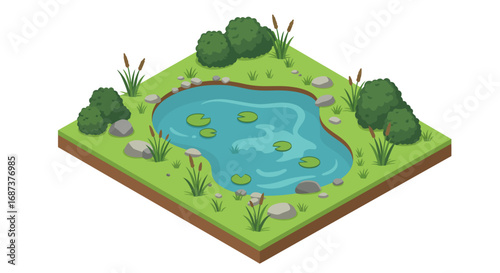 Isometric garden pond with lilies and lush greenery