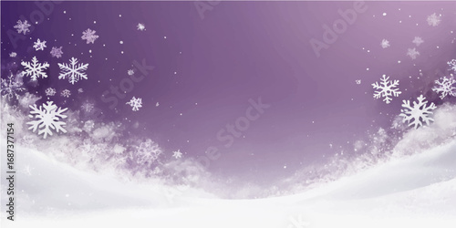 Abstract holiday illustration of purple and pink winter background with festive snowflakes, stars, and ice decorations
