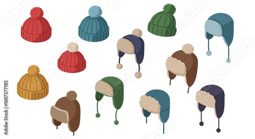 Colorful winter hats collection in isometric style