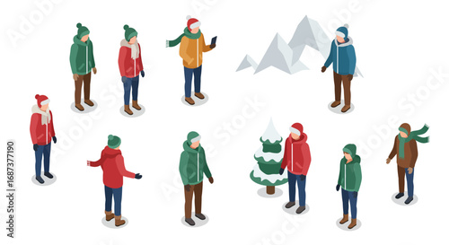 Isometric winter scene with people in warm clothing and snowy landscape