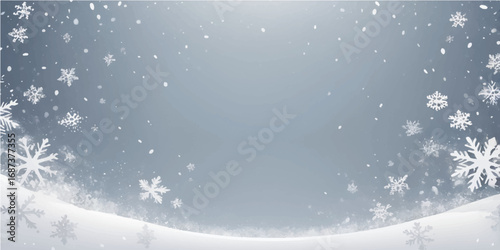 Falling snow and blue snowflakes decorate a winter holiday background for a Christmas celebration