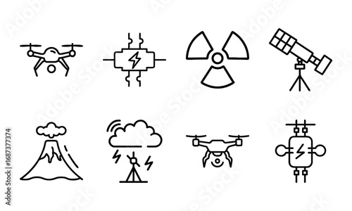 Collection of Science and Technology Icons – Drone, Circuit Board, Radiation Hazard Symbol, Telescope, Satellite Dish, Volcano Eruption, and Weather Station Outline Illustrations on White Background