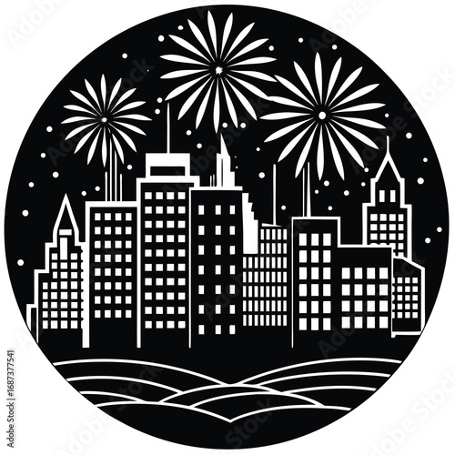 Cartoon city street with buildings and skyscrapers at night with colorful fireworks in the sky