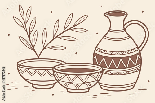 Vector art of elegant still life illustration featuring a ceramic vase, bowls, and a plant, showcasing rustic charm and artistic design with decorative patterns