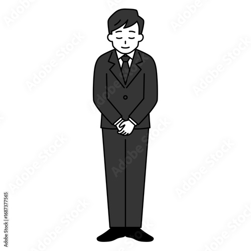 お辞儀をする黒いスーツの男性（全身）