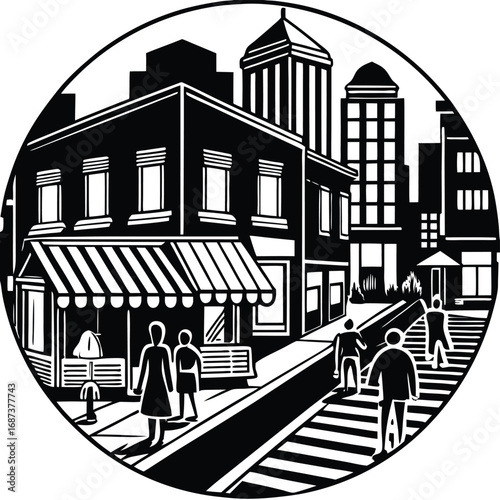 Vector illustration of an old Parisian street with vintage buildings and an architectural sketch of a town