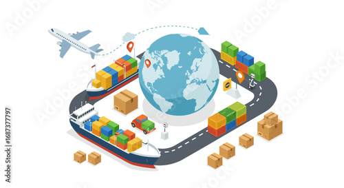 Global logistics and cargo transport in isometric style with shipping containers