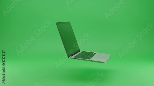 Green Screen People & Lifestyle Modern Silver Laptop Floating in Mid-Air on Green Background  Green Screen  Chroma Key