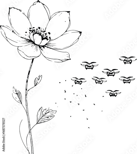 Minimal black and white line art of a blooming flower releasing tiny drones, surreal doodle clean vector illustration