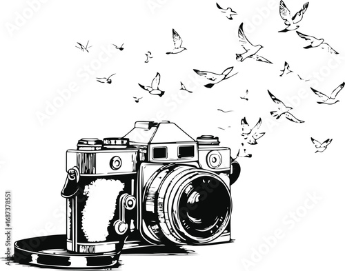 Minimal black and white line art of a vintage camera releasing flying birds instead of photos, surreal doodle, stock vector illustration