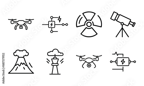 Collection of Science and Technology Icons – Drone, Circuit Board, Radiation Hazard Symbol, Telescope, Satellite Dish, Volcano Eruption, and Weather Station Outline Illustrations on White Background